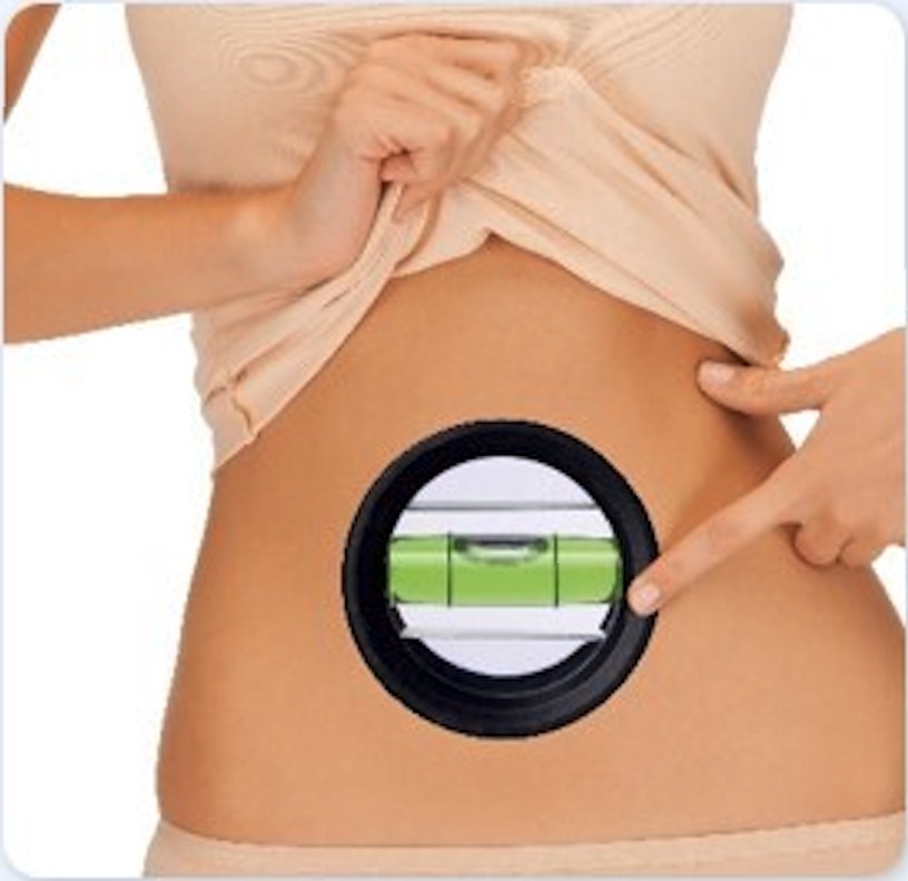 Close-up of a woman's midsection with a spirit level superimposed on her stomach